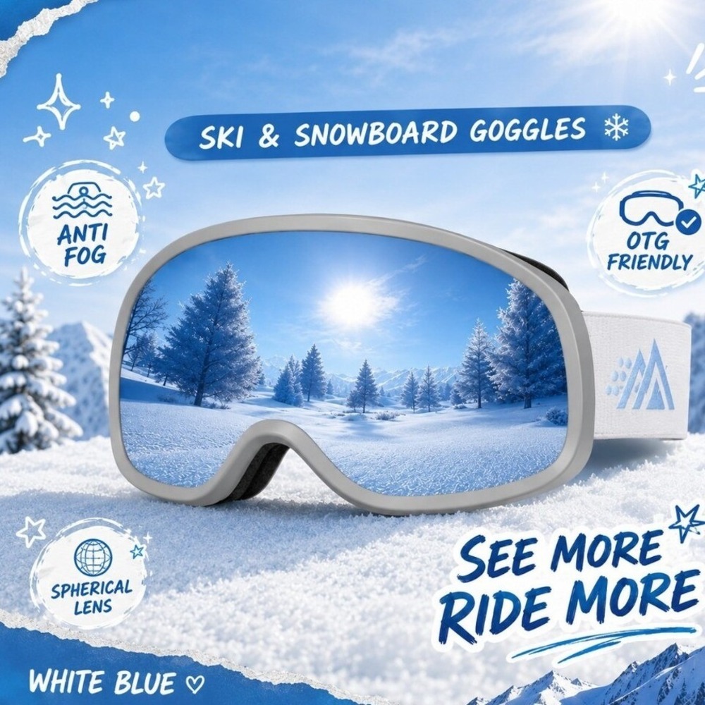 POPOACTI Ski Snowboard‎ Goggles Anti Fog OTG Spherical Lens White Blue New